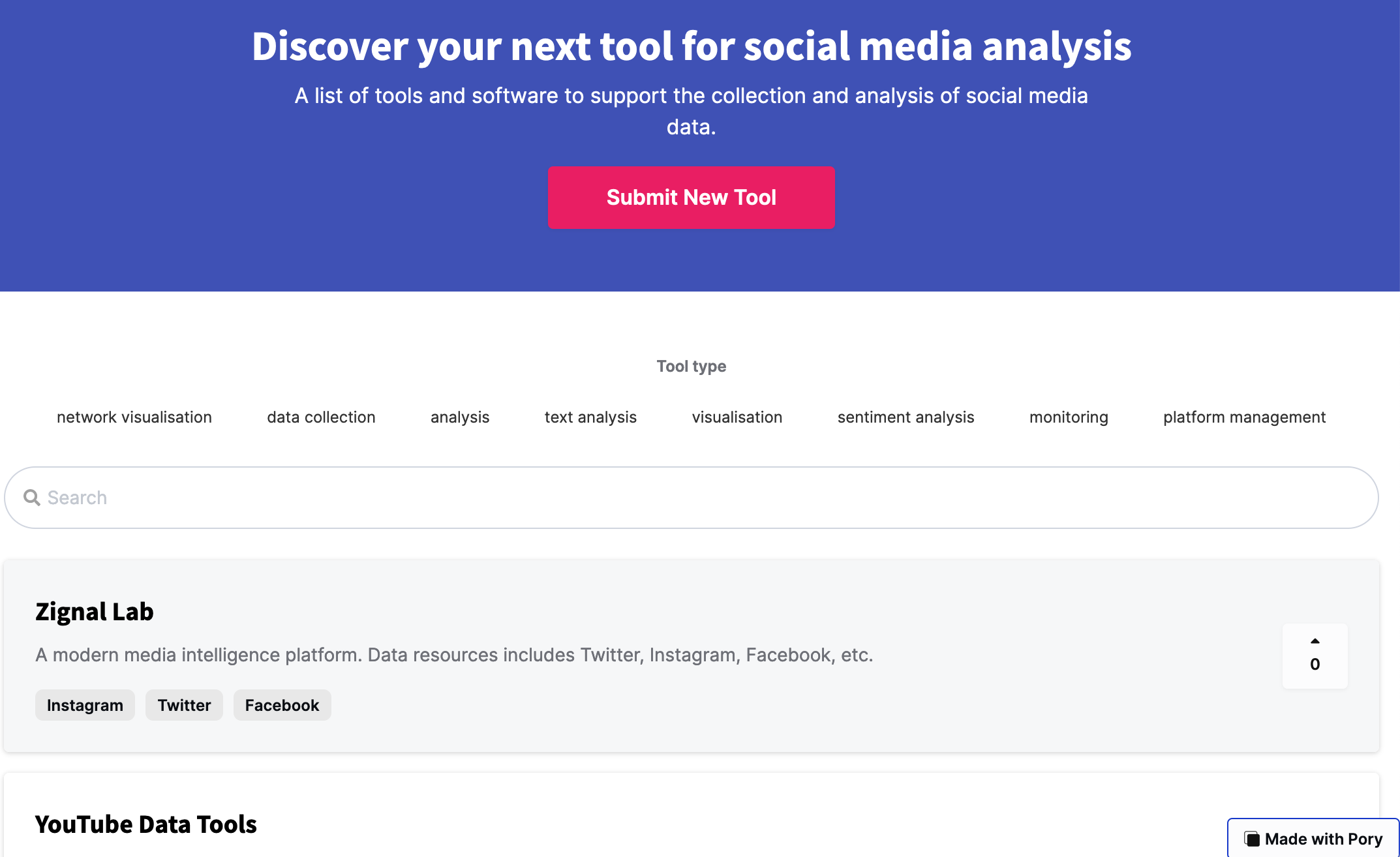 Fig. 4: Screenshot of the sub-list of social media tools rendered into a catalogue via the pory.io app. The user experience on this interface is friendlier than working with a table as in Fig. 2 & 3. A student can filter the list by the type of tool, which is immediately visible; for example they might be looking for tools to support their data collection. They can then use the search box to enter key terms and narrow down the list further, a process that is more familiar. The student can also browse the list of tools by opening the individual cards to find more information (see next figure).